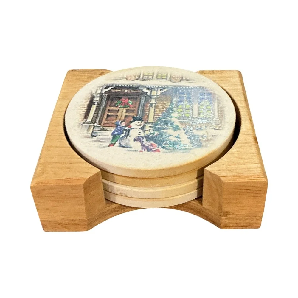 Vintage Christmas Snowman Stone Coasters Set of 4 Wood Holder 4 Inch Round